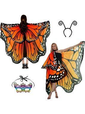 🎃Women's Butterfly Costume Wings Cape Shawl Headpiece 3Pcs Mask Headband